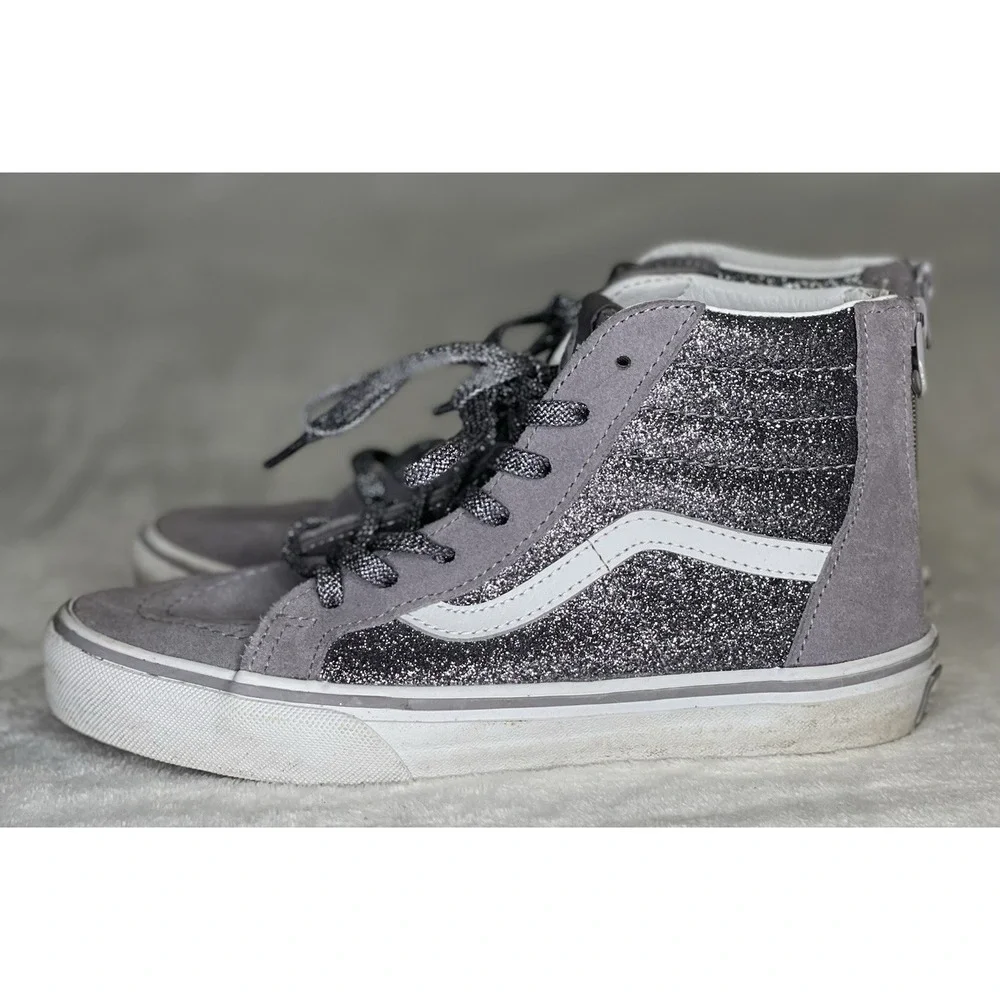 Vans Kids Size 4 SK8-Hi Top Zip Glitter Silver Sneakers Gunmetal Gray